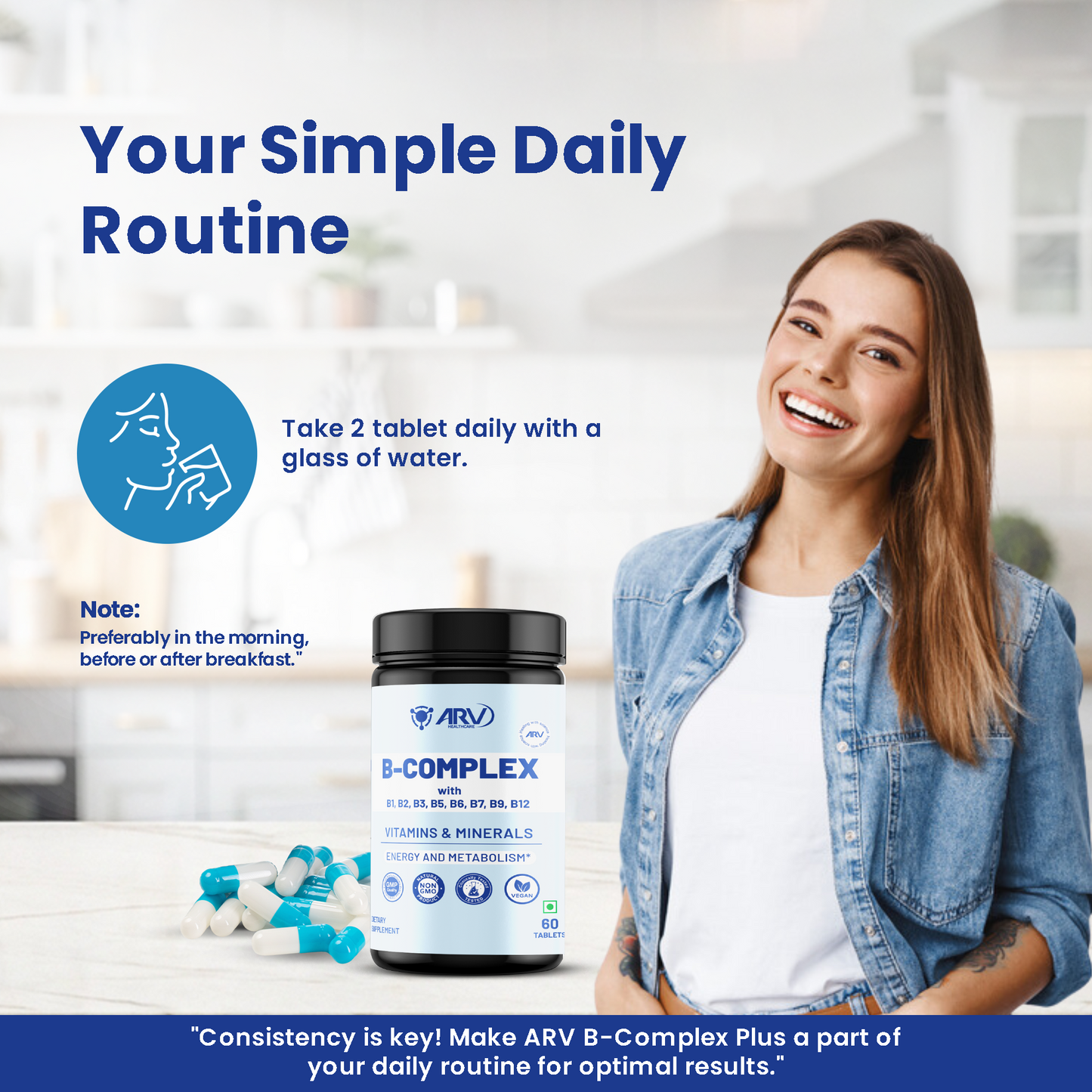 ARV Vegan Vitamin B Complex with Vitamin D3, E, and Magnesium (60 TABLETS)